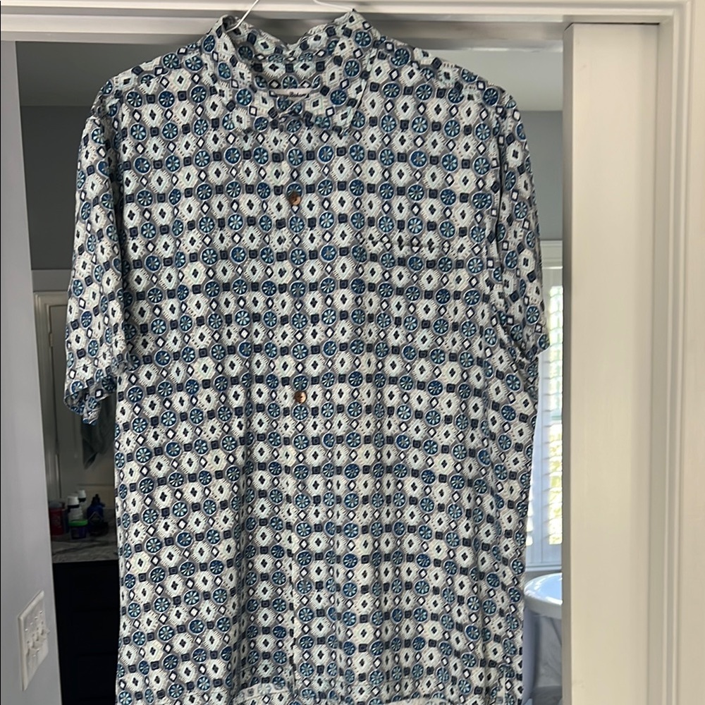 Tommy Bahama Blue and White Geometric Casual Shirt